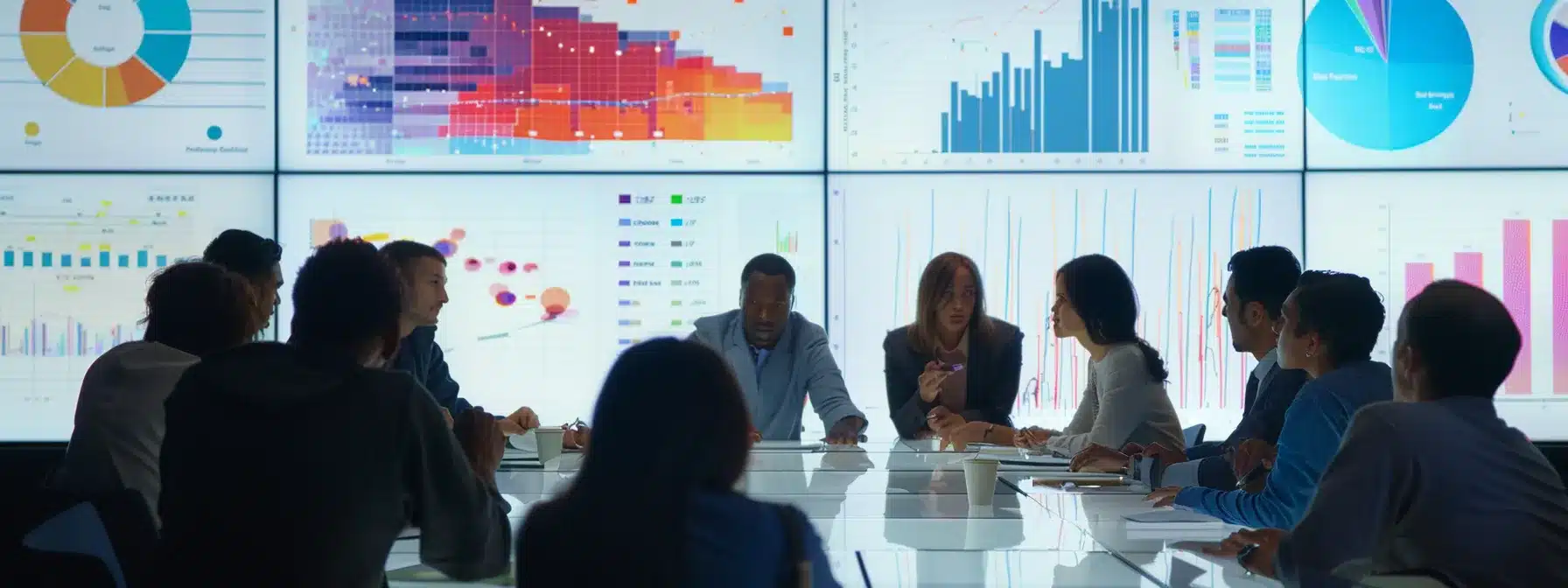 a diverse group of professionals collaborating around a large table covered with charts and data, engaged in a strategic discussion on business impact analysis and risk identification.