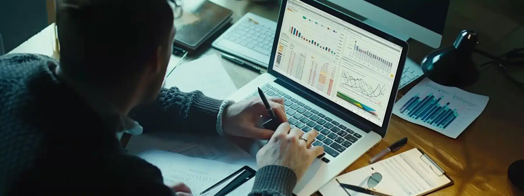 a business professional carefully reviewing charts and graphs on a laptop screen, surrounded by documents and a cup of coffee.