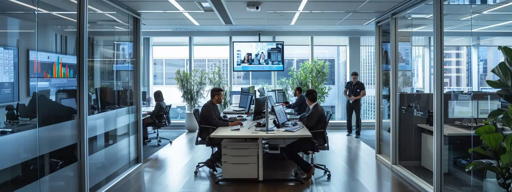 a sleek, modern office with a team of cybersecurity experts monitoring screens displaying real-time network security alerts.