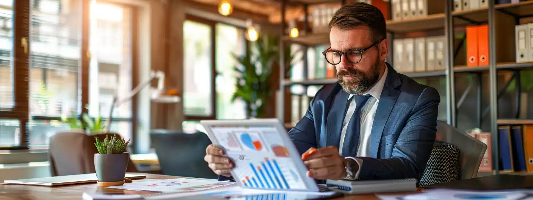 a businessman analyzing colorful graphs and charts on a digital tablet in a sleek, modern office setting.