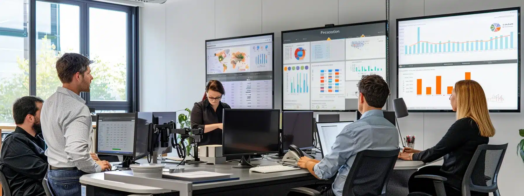 a group of professionals in a modern office, analyzing security protocols with focused expressions and intricate charts displayed on screens around them.