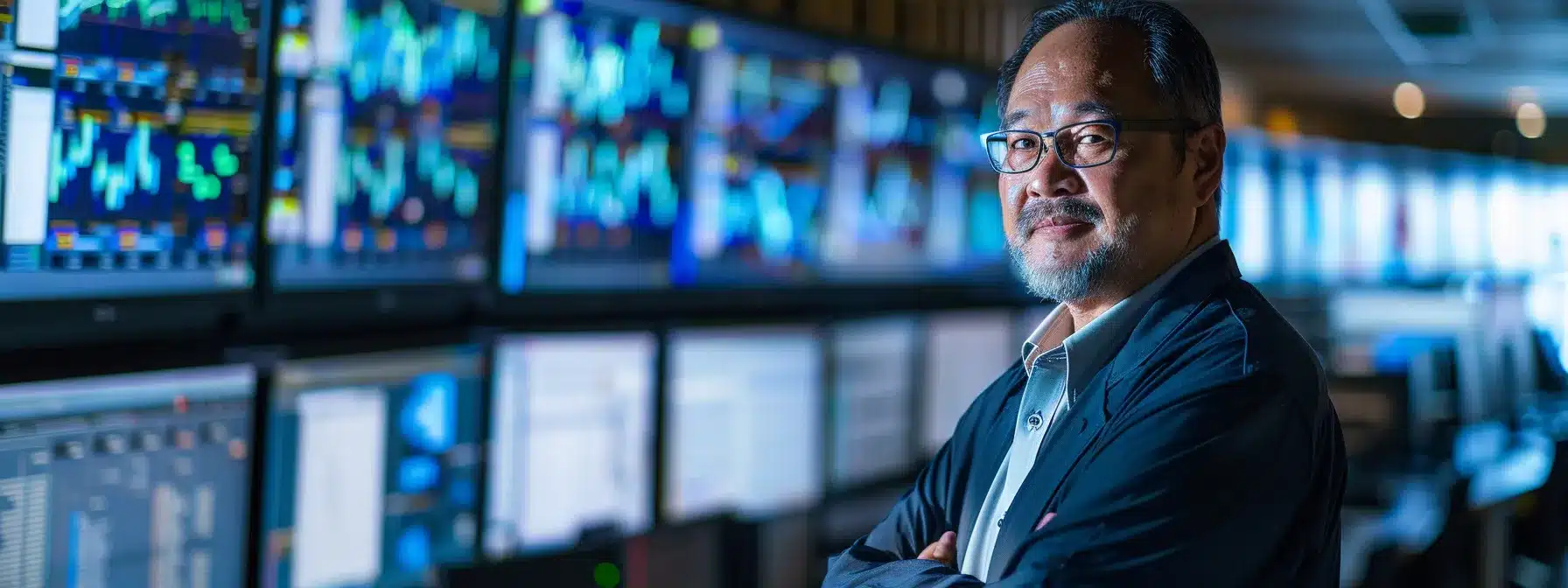 a network administrator standing confidently in front of a wall of flashing monitors displaying real-time threat detection and response data.