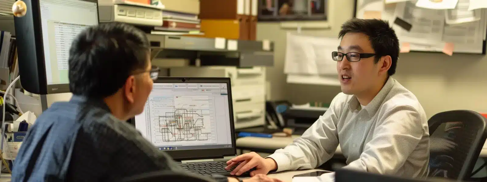 a business owner sitting at a desk with a consultant, discussing cmmc consulting services and looking at a detailed process diagram on a laptop screen.