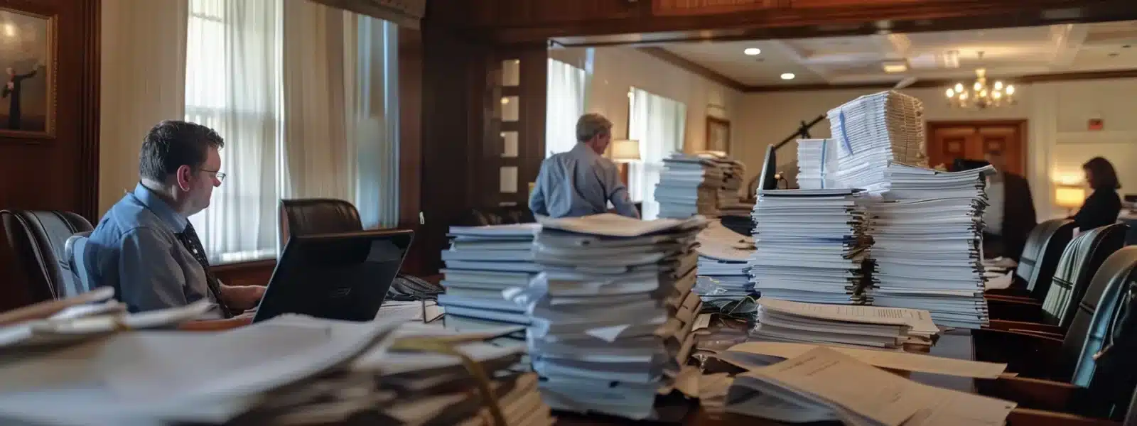 a business team reviewing stacks of documents and evidence in a conference room to prepare for the official cmmc assessment.