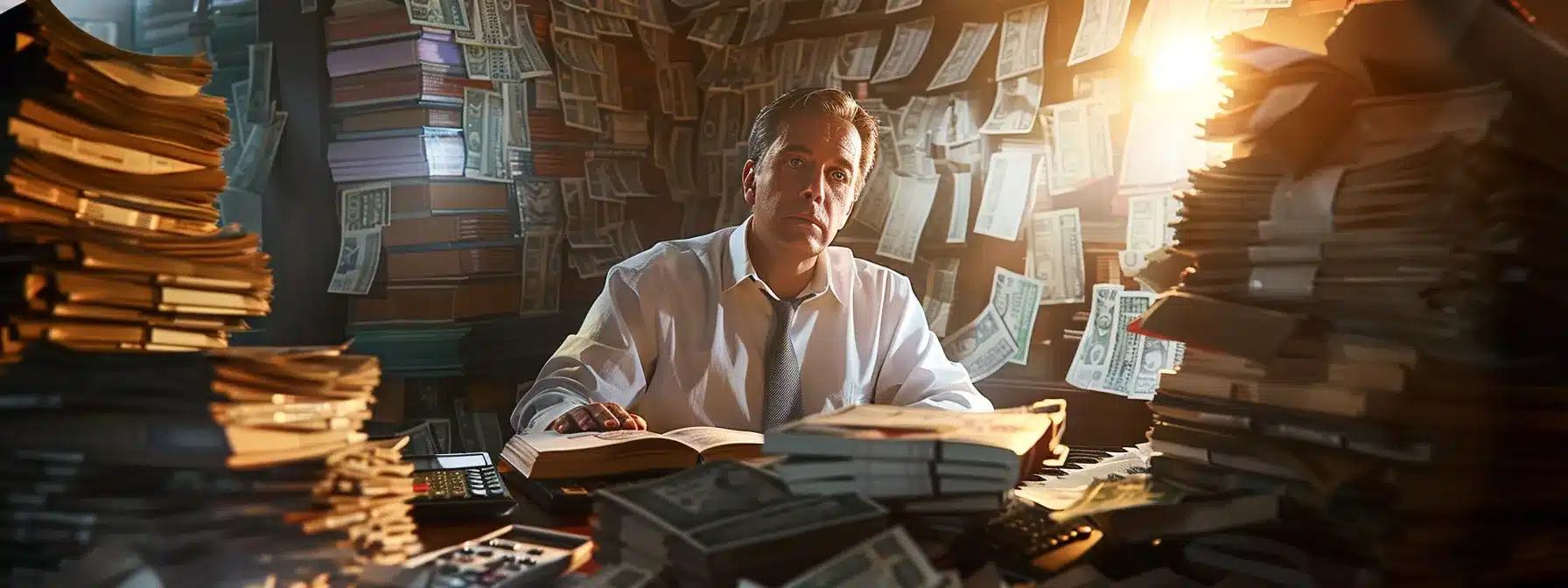 a businessman surrounded by stacks of money, calculators, and paperwork, looking overwhelmed by the costs of cmmc compliance for his business.