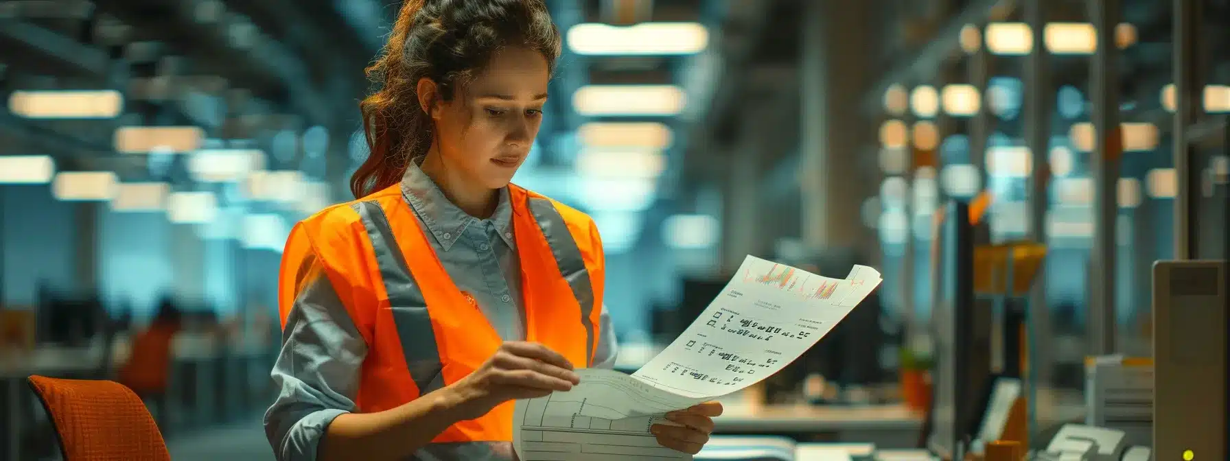 a confident individual carefully reviewing a detailed checklist of security measures in a well-lit office setting.