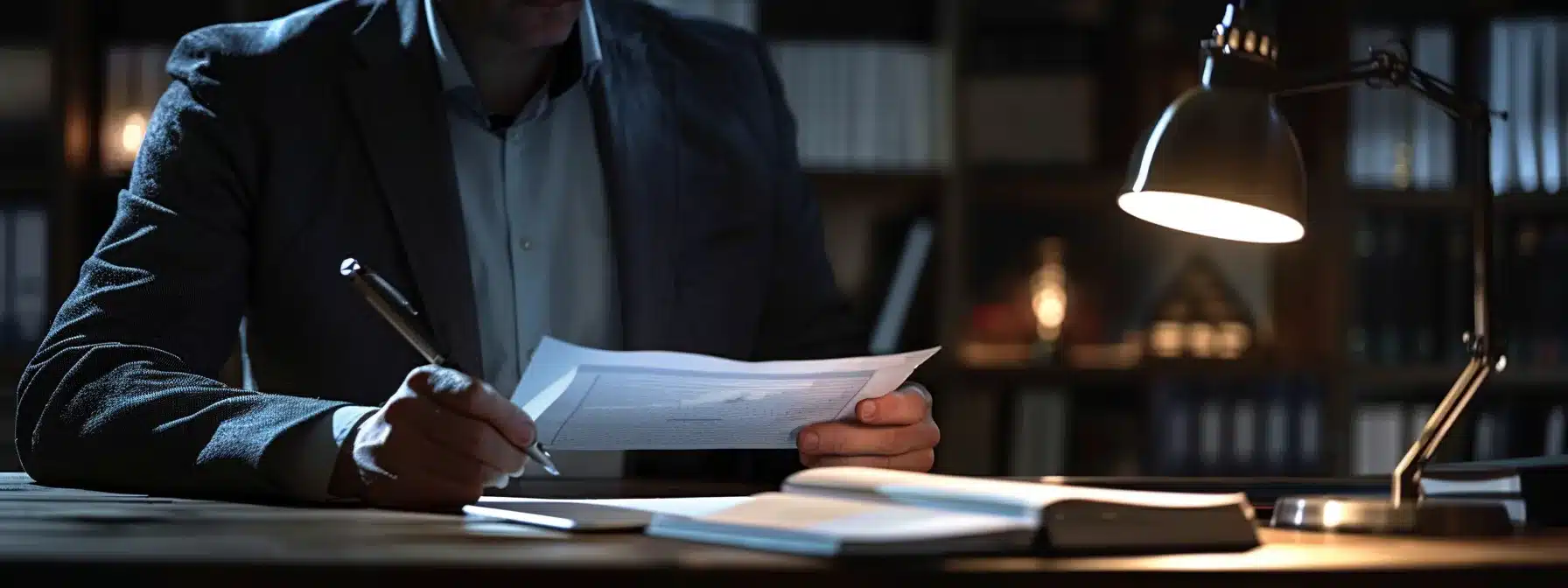 a confident professional consultant reviewing a detailed cmmc certification manual at a sleek, modern desk.