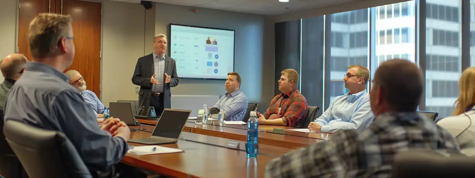 a cybersecurity expert explaining cmmc requirements to a group of attentive business professionals in a modern boardroom setting.