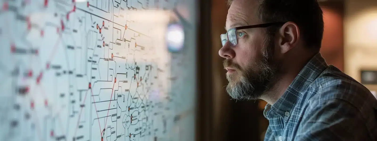 a cybersecurity expert reviewing a complex network diagram, highlighting vulnerabilities and guiding subcontractors through the compliance process.