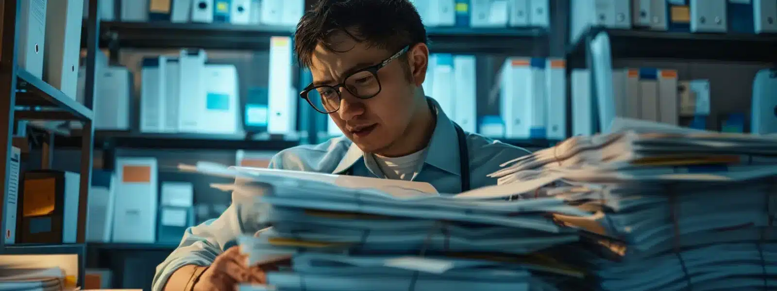 a cybersecurity specialist reviewing a stack of meticulously organized compliance documents in a secure office setting.