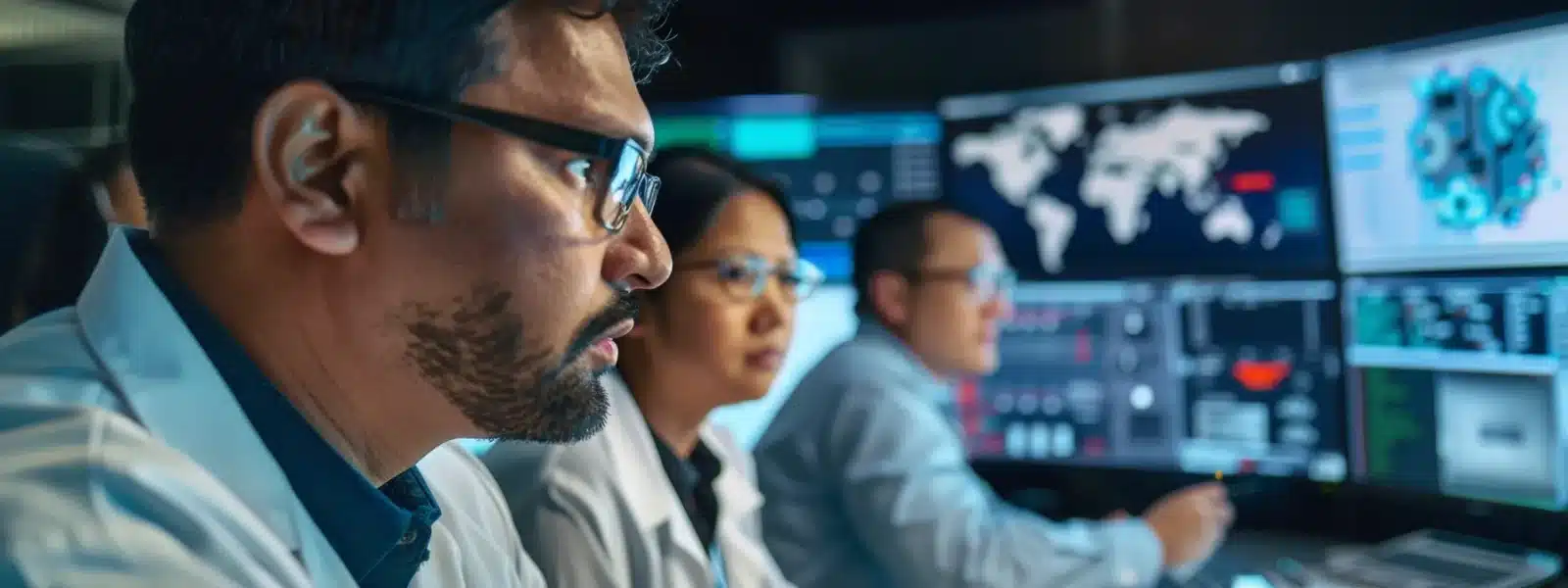 a diverse group of focused employees reviewing cybersecurity protocols and budgeting strategies in a modern office setting.