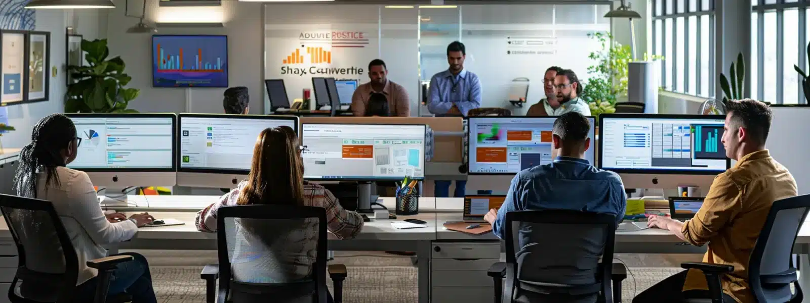 a diverse group of professionals analyzing data security measures on multiple computer screens in a high-tech office setting.