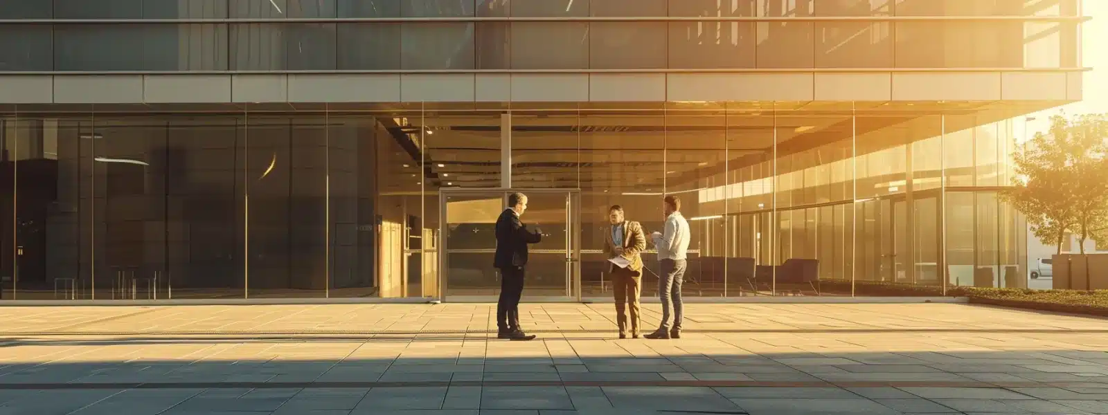 a diverse group of professionals shaking hands in front of a modern office building, exuding confidence and trustworthiness.