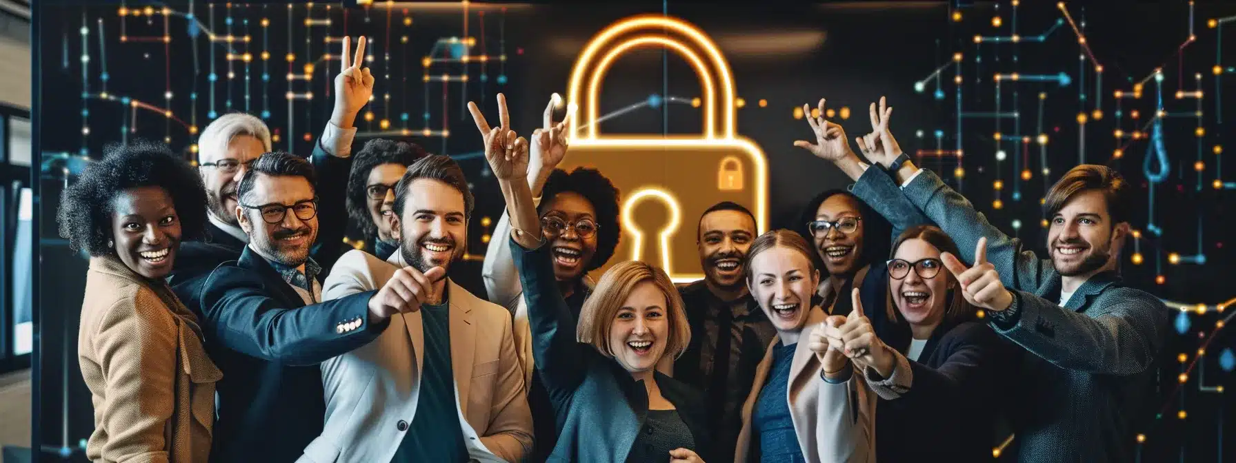 a diverse group of professionals celebrating in front of a digital lock symbol, symbolizing success and achievement after receiving cmmc certification.