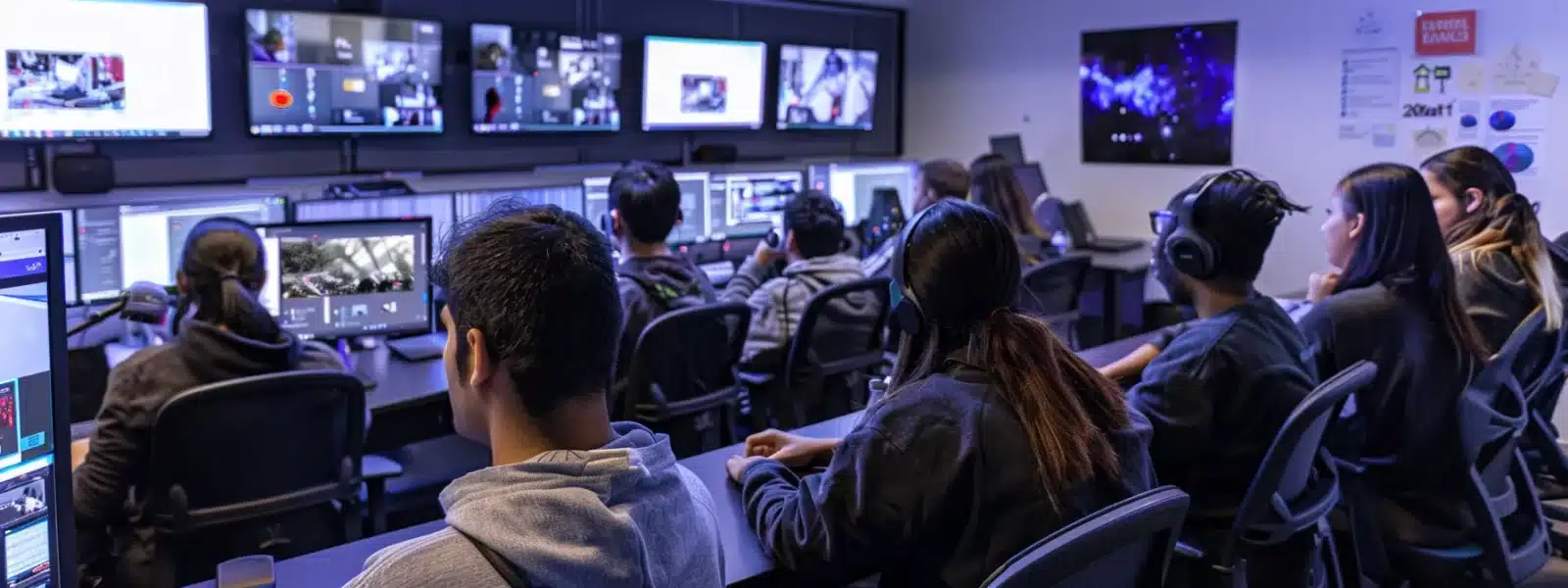 a diverse team of employees attentively participating in a cybersecurity training session, surrounded by modern computers and security posters.