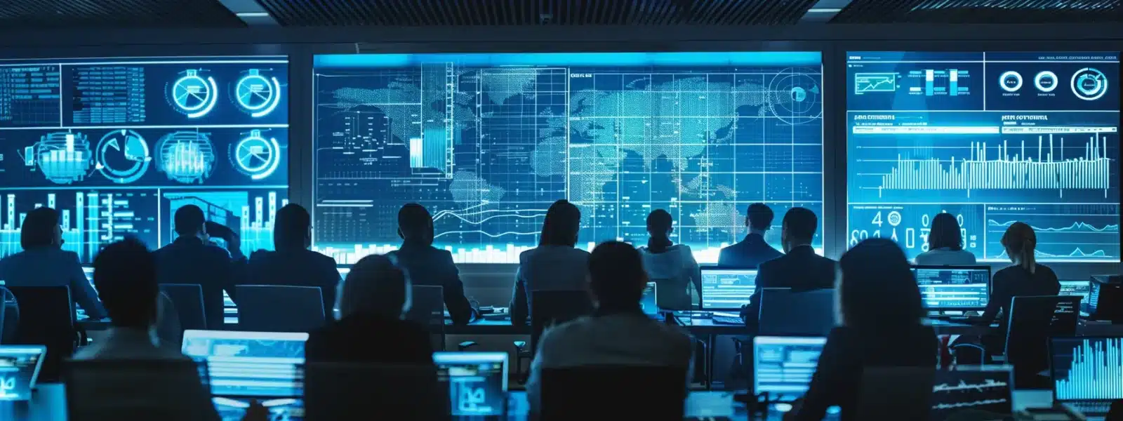 a diverse team of professionals reviewing cybersecurity protocols in a modern, well-lit conference room filled with charts and graphs.