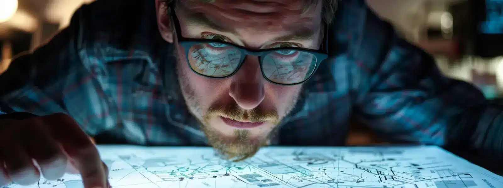 a focused and determined contractor carefully analyzing a complex network diagram, highlighting cybersecurity vulnerabilities with intense concentration.