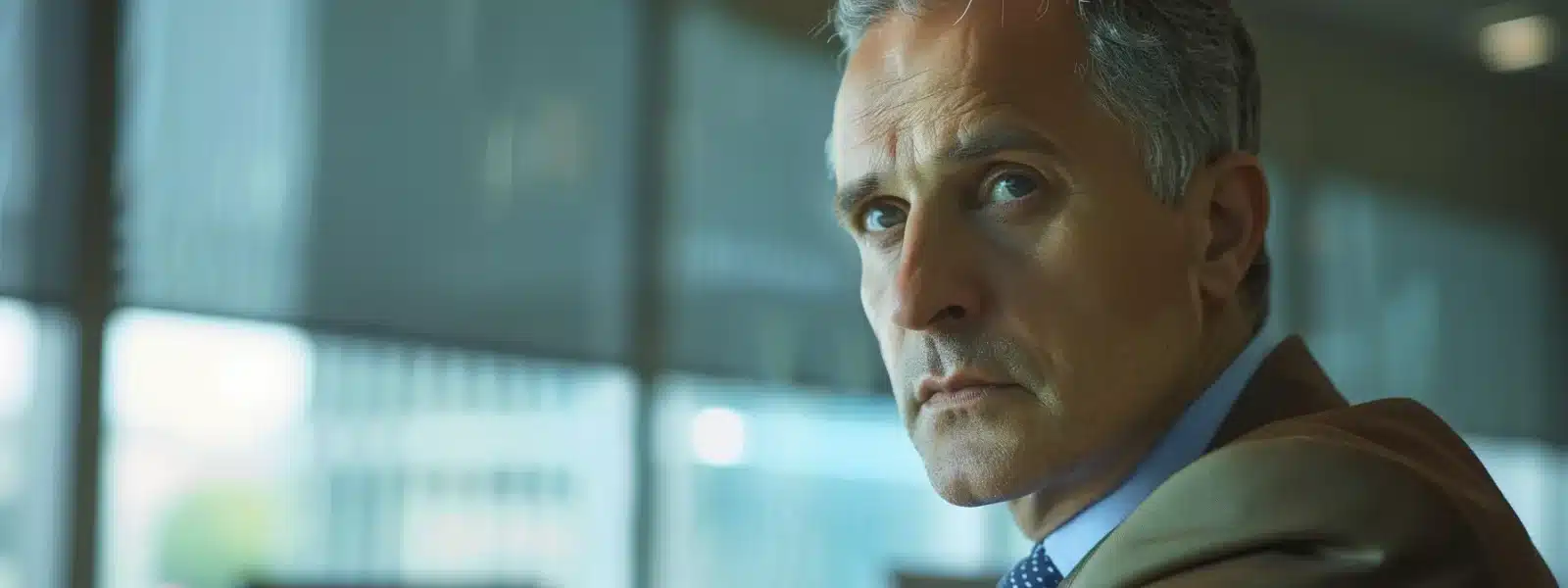 a focused businessman in a high-security room, studying a detailed cmmc compliance chart with a serious and determined expression.