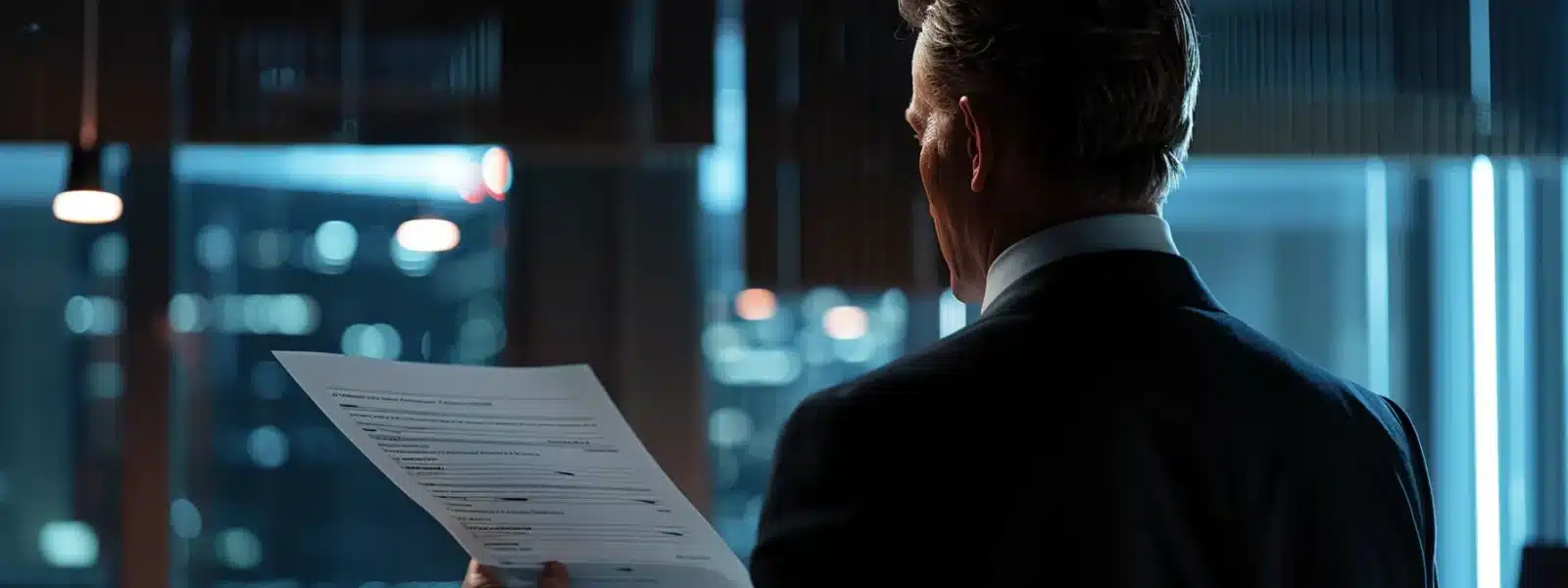 a focused businessman reviewing a detailed cmmc compliance checklist in a modern office setting.