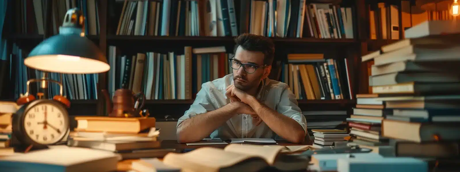 a focused candidate surrounded by various study materials and a clock, showcasing effective time management during the cmmc certification exam.