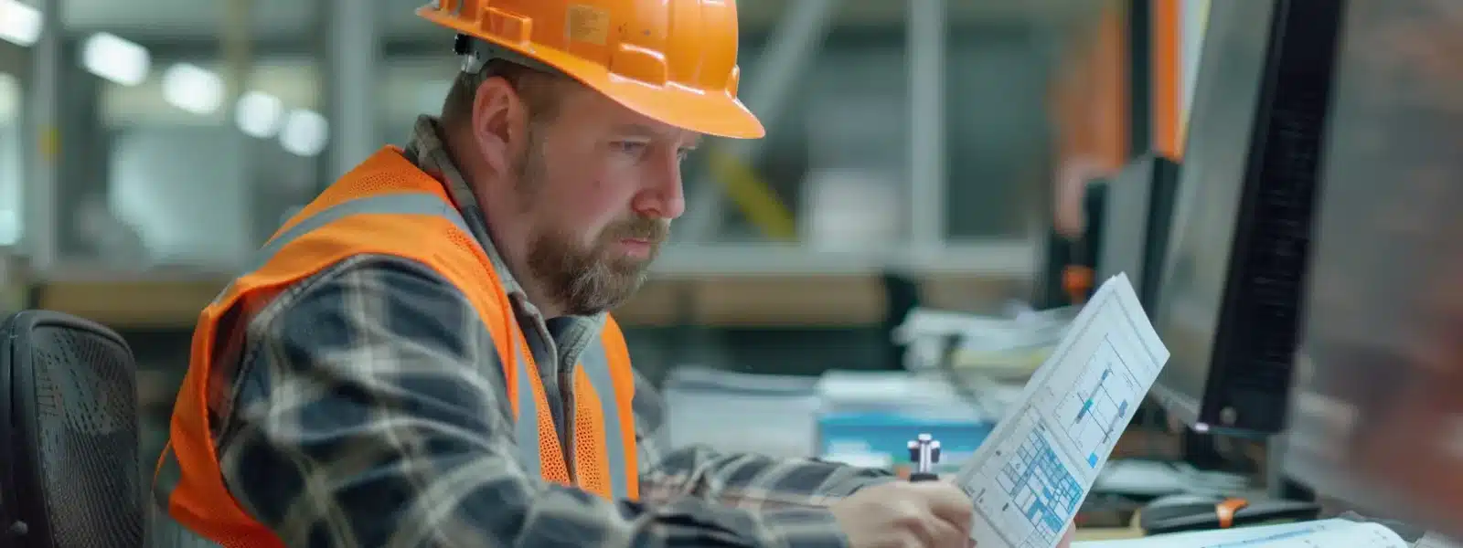 a focused contractor diligently studying a detailed cmmc framework chart with a determined expression.