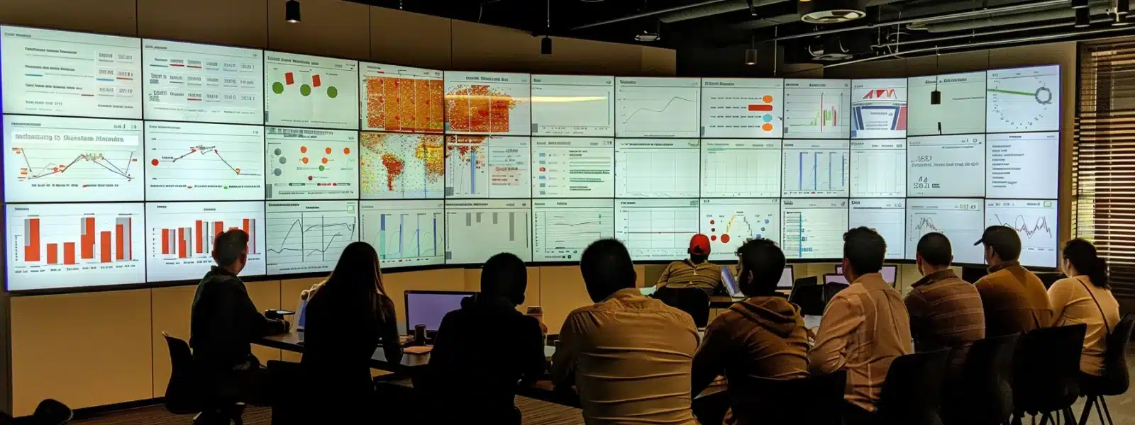 a focused cybersecurity team analyzing assessment findings on a large screen, surrounded by charts and graphs detailing strengths and weaknesses.