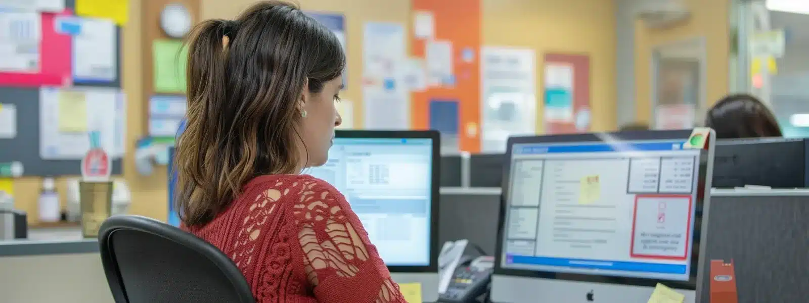 a focused employee reviewing a detailed cmmc compliance checklist on a computer screen, surrounded by cybersecurity posters highlighting risk assessment and vulnerability management practices.