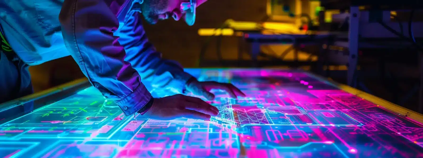 a focused engineer reviewing a detailed cybersecurity blueprint, with layers of security measures highlighted in vibrant colors.