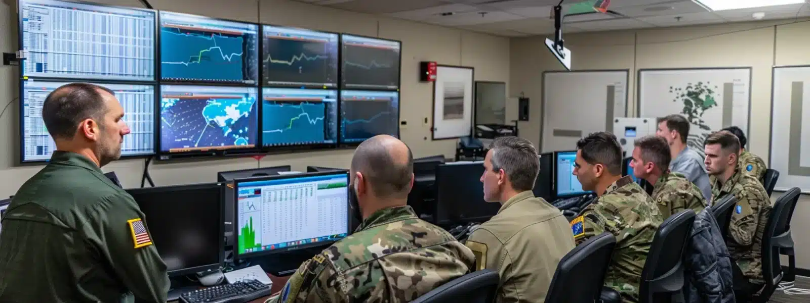 a focused group of defense contractors reviewing charts and graphs, strategizing the development of a comprehensive compliance plan for cmmc readiness.