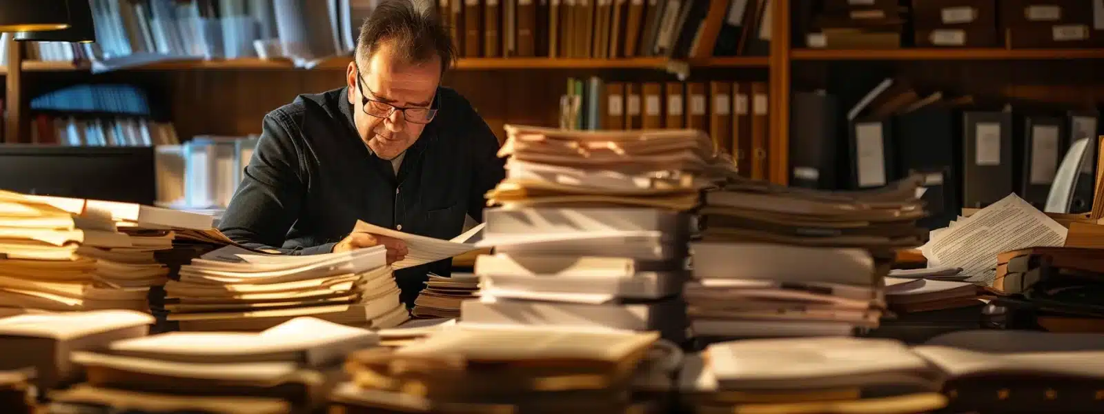 a focused individual carefully reviewing a stack of detailed cybersecurity documents, surrounded by computer screens displaying complex data and security protocols.