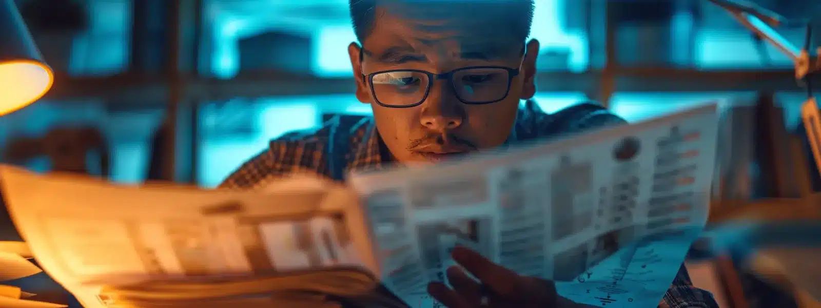 a focused individual studying a detailed chart of the cmmc framework with determined concentration and a stack of security documents nearby.