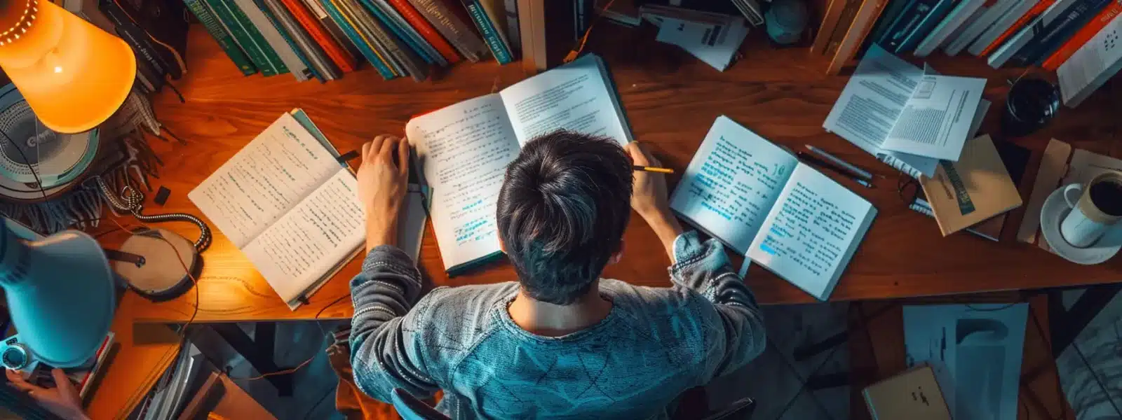 a focused individual studying diligently at a desk, surrounded by textbooks and training materials, preparing for the cmmc consultant certification exam.