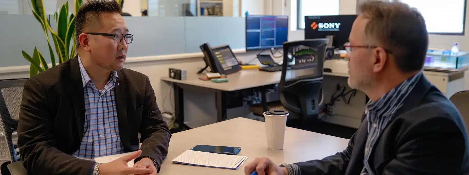 a focused small business owner discussing cybersecurity protocols with a cmmc certified consultant in a modern office setting.