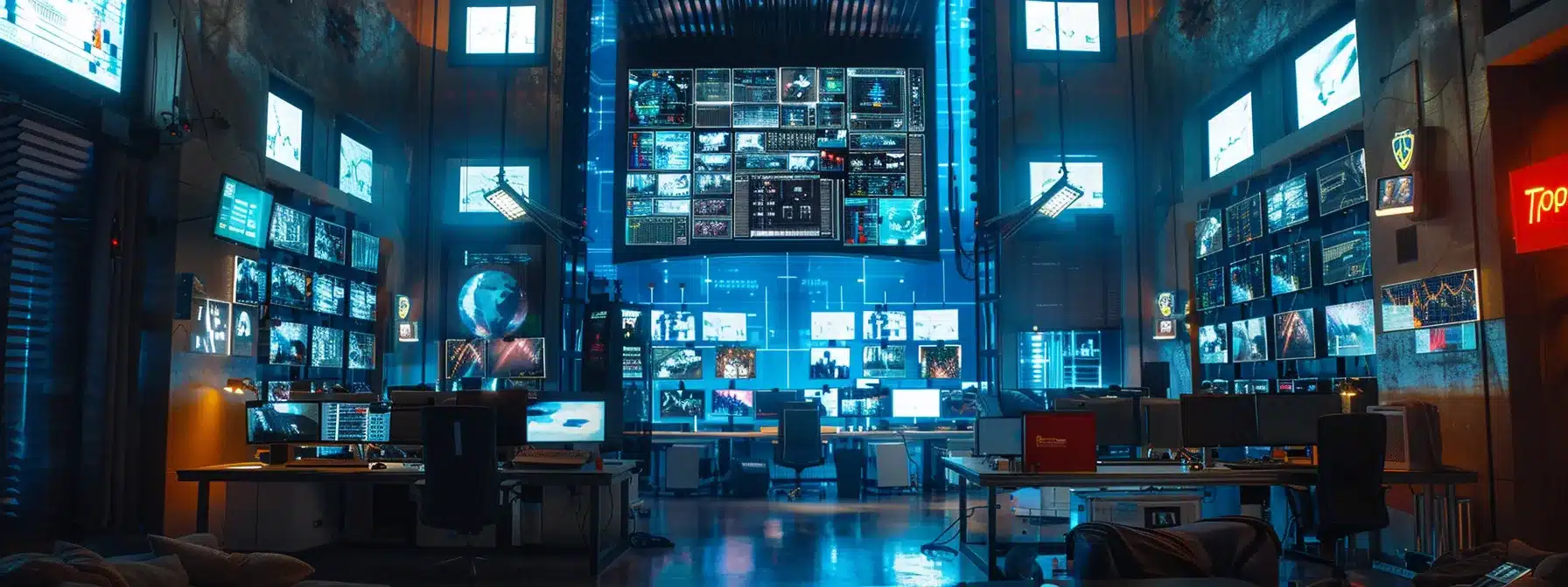 a futuristic, high-tech security control room with monitors displaying real-time threat alerts and a team of experts analyzing data to achieve cmmc level compliance.