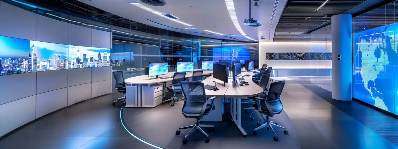 a futuristic office setting with a secure network server surrounded by advanced cybersecurity technology, symbolizing the strategic approach to maximizing roi from cmmc compliance.