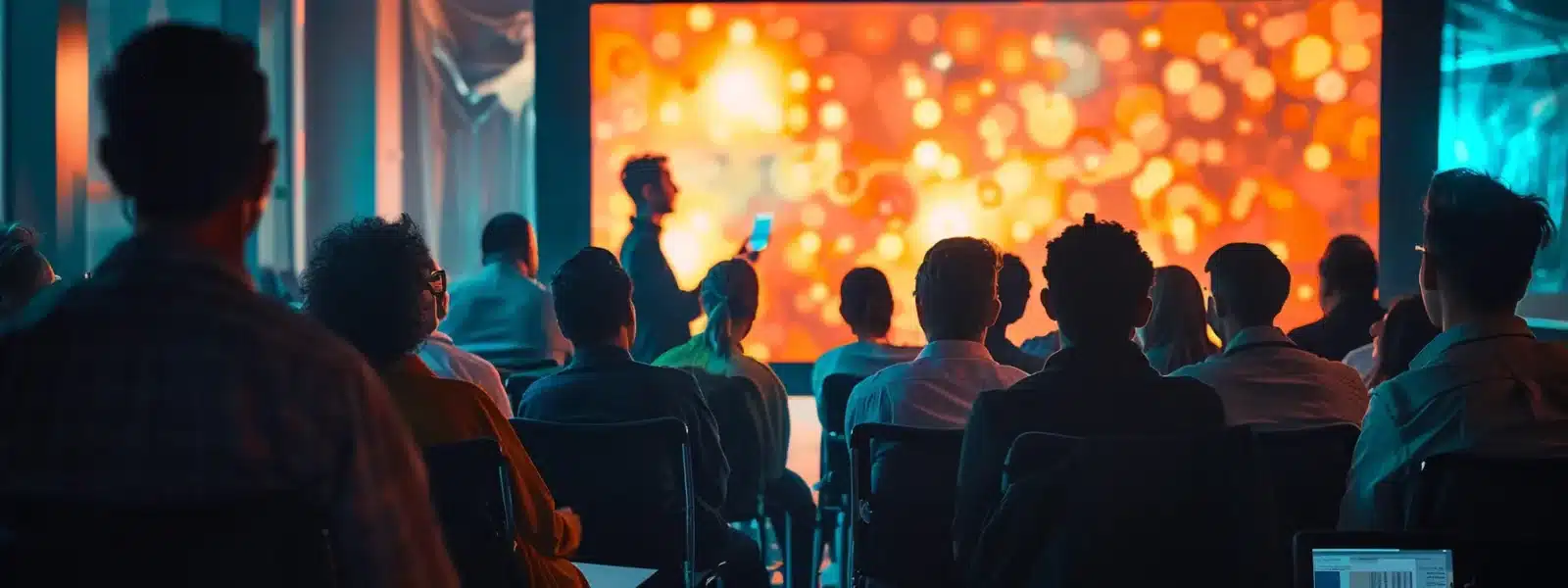 a group of diverse employees gathered around a large screen, attentively engaging in a cybersecurity training session led by an expert.