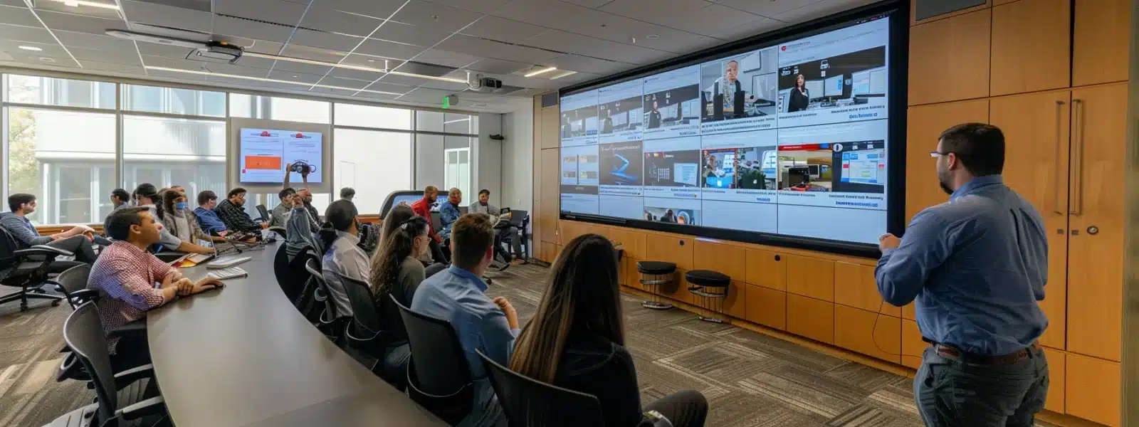 a group of employees engaged in a cybersecurity training session, surrounded by screens displaying real-time security system monitoring and policy update alerts.