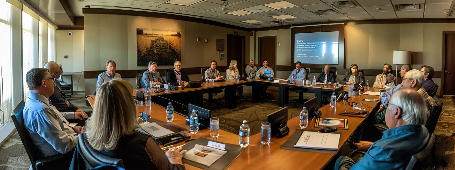 a group of professionals in a boardroom, attentively listening to a cmmc consultant presenting assessment preparation services.