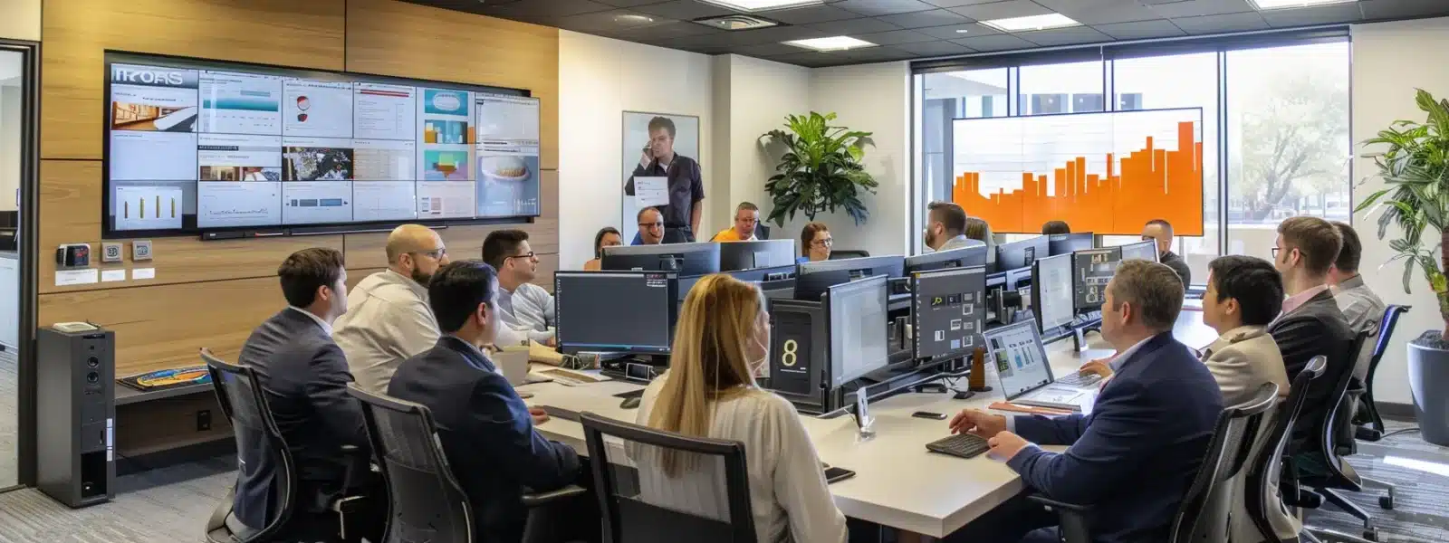 a group of professionals in a modern office setting, showcasing a strong sense of trust and confidence as they discuss cybersecurity compliance strategies and market competitiveness.