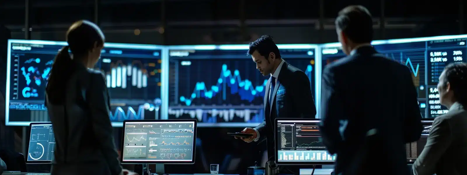 a group of serious-looking professionals discussing security strategies while surrounded by charts and graphs in a modern office setting.