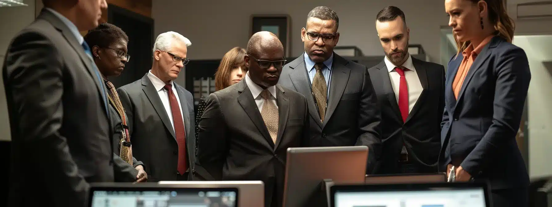 a group of serious-looking defense contractors reviewing a detailed compliance guide in a sleek, modern office setting.