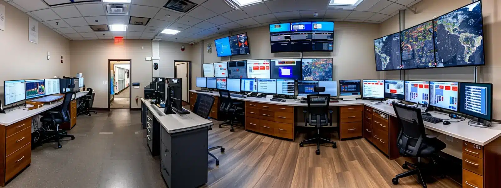 a high-tech security operations center monitoring sensitive information in a well-secured office environment.