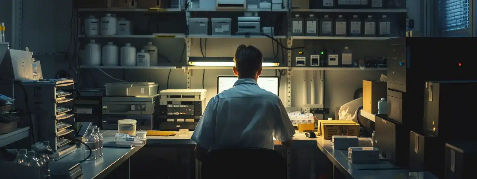 a person encrypting sensitive information on a computer, surrounded by secure data storage devices and backup systems to strengthen data protection protocols for cmmc compliance.