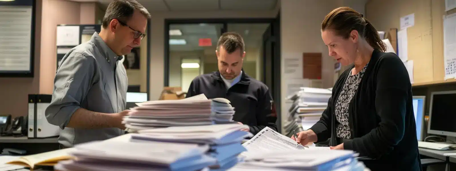 a professional cybersecurity team reviewing and organizing a stack of important documents in a high-tech office setting to prepare for the cmmc assessment.