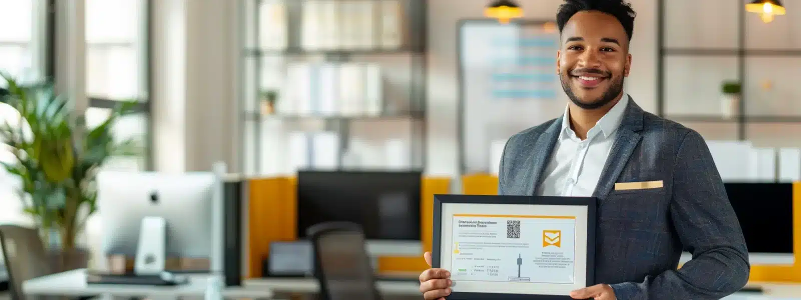 a small business owner proudly holding a cmmc certification plaque in a modern office, with a computer screen displaying a secured network in the background, symbolizing financial benefits and cybersecurity protection.