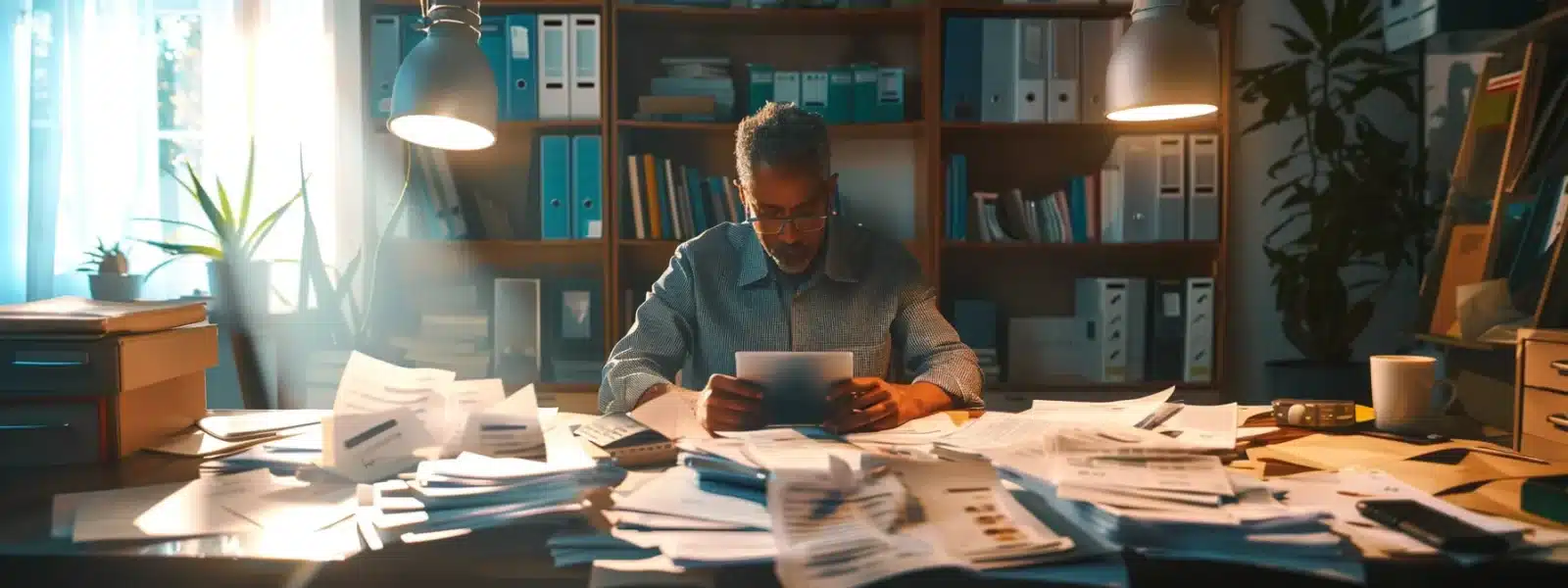 a small business owner sitting at a cluttered desk, surrounded by budget spreadsheets and security manuals, looking overwhelmed by the complexities of cmmc compliance.