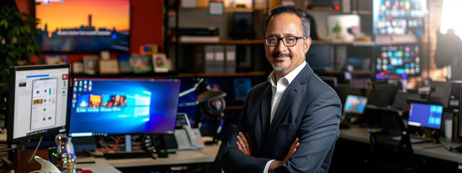 a small business owner stands confidently in their office, surrounded by interconnected devices and a strong firewall, symbolizing their commitment to cmmc cybersecurity measures.