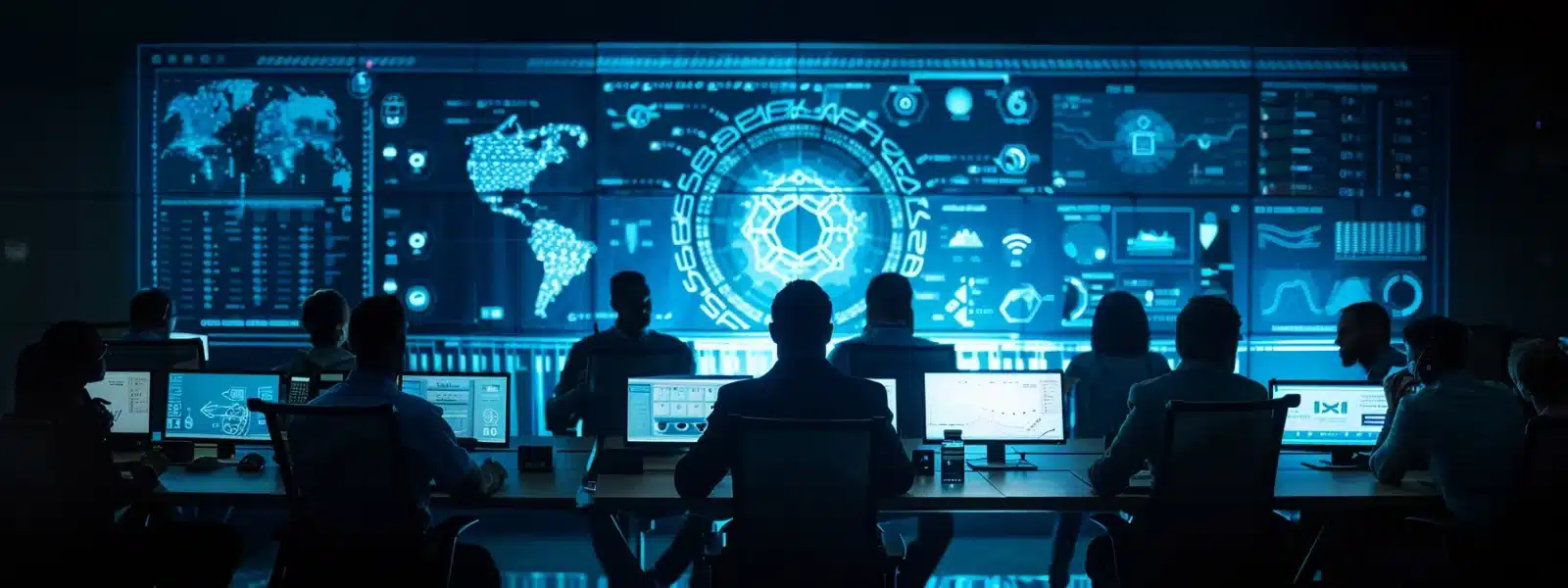 a team of cybersecurity experts strategizing around a conference table, surrounded by charts and graphs, showcasing their alignment of services with business goals.