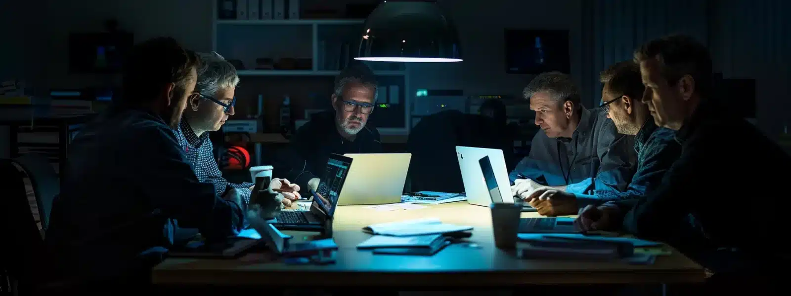 a team of cybersecurity experts collaborates around a table, surrounded by laptops and documents, intensively discussing strategy for cmmc assessment preparation.