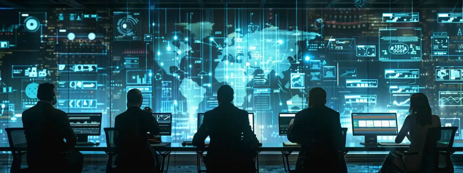 a team of focused professionals discussing cybersecurity strategies around a conference table, surrounded by relevant documents and computer screens displaying compliance tools and solutions.